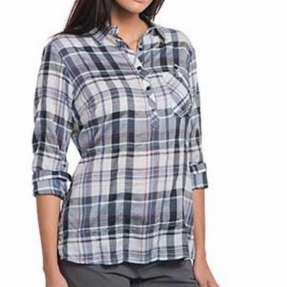 Kuhl Spektra Long Sleeve 1/4 Button Popover Plaid Shirt in Sail Blue Size Small